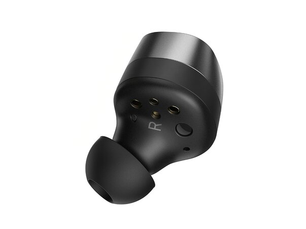one up close momentum true wireless earphones on a white background