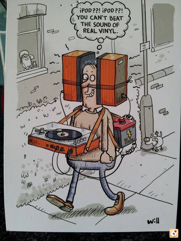 cartoon sketch of a person walking on a sidewalk holding a turntable with speakers attached to their ears