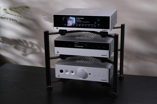 Matrix Audio NT-1 Transport, ND-1 DAC, and NA-1 Headphone Amplifier stacked together on an audio rack 