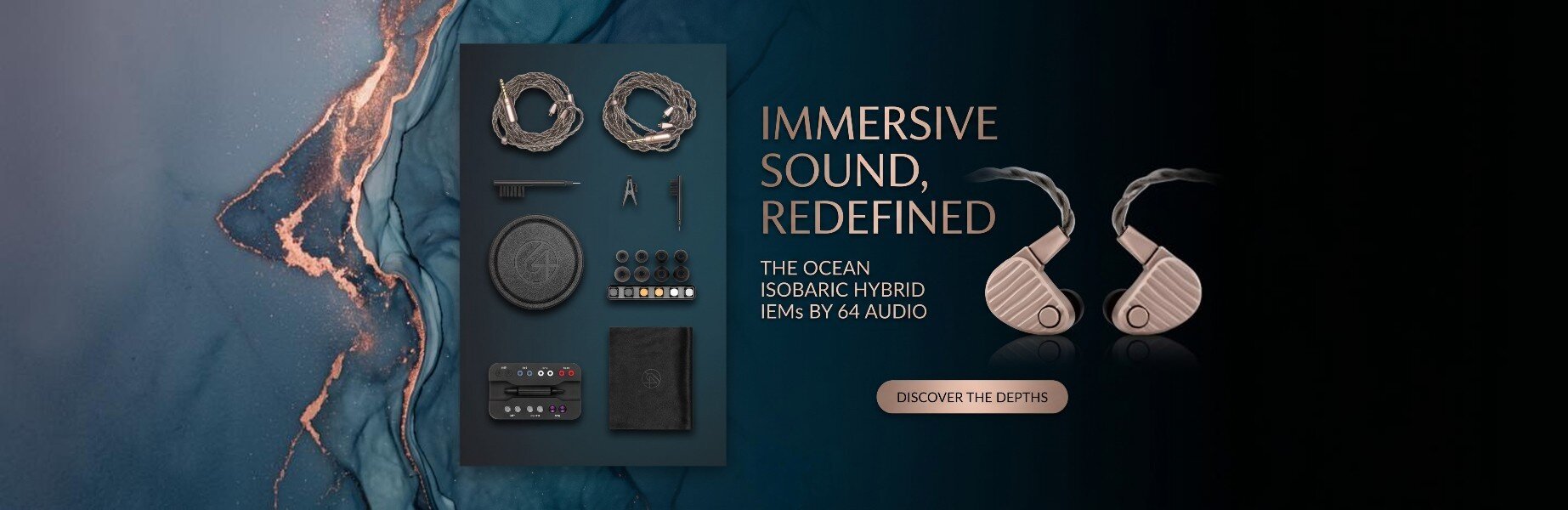 64 Audio Ocean IEMs with included contents displayed