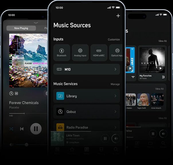 BluOS Streaming app screenshots on an iphone