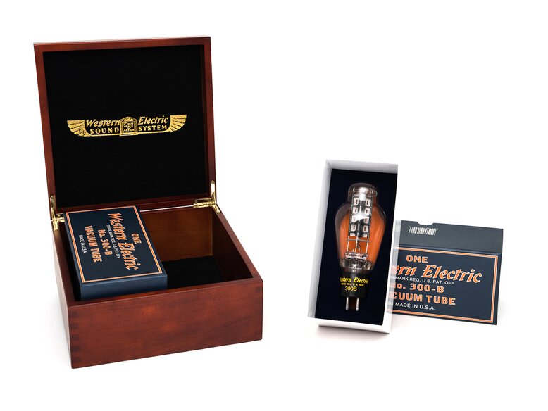 Western Electric in a wooden box next to the tube in its cardboard box