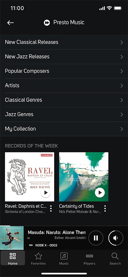 Bluesound BluOS App screenshot of Presto Music streaming service