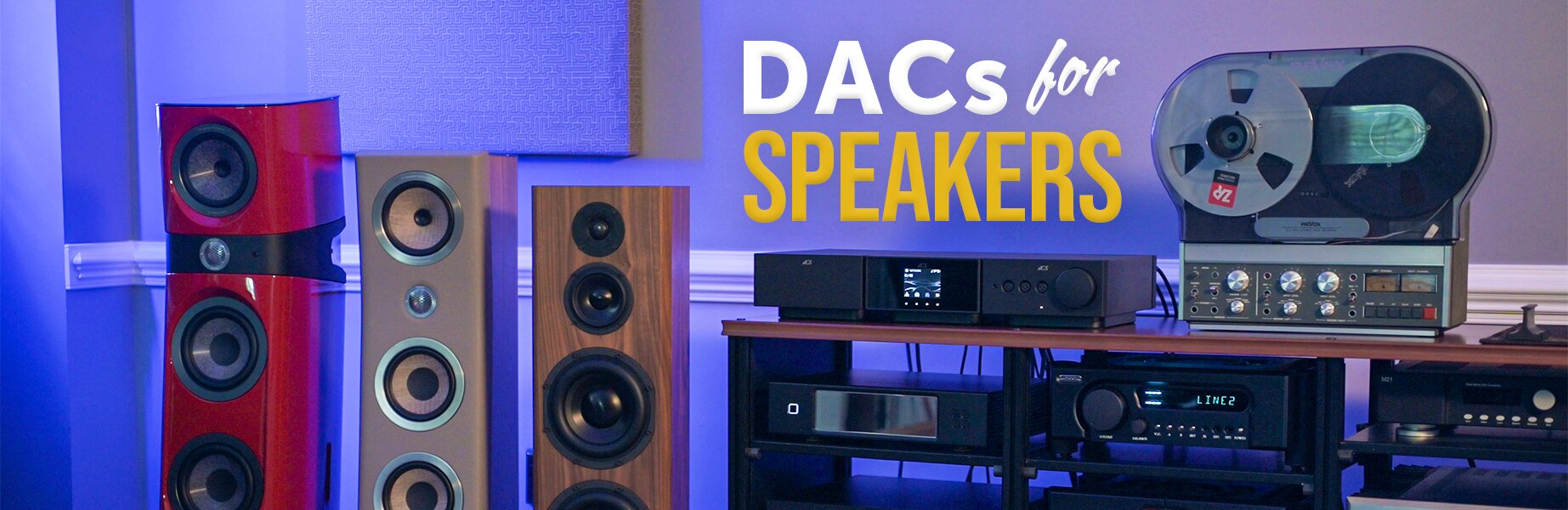 DACs for speakers. Three loudspeakers positioned next to a cabinet filled with various audio gear 