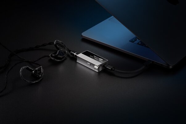 Astell&Kern HC5 USB DAC Headphone Amp connected to a laptop with IEMs attached to the HC5
