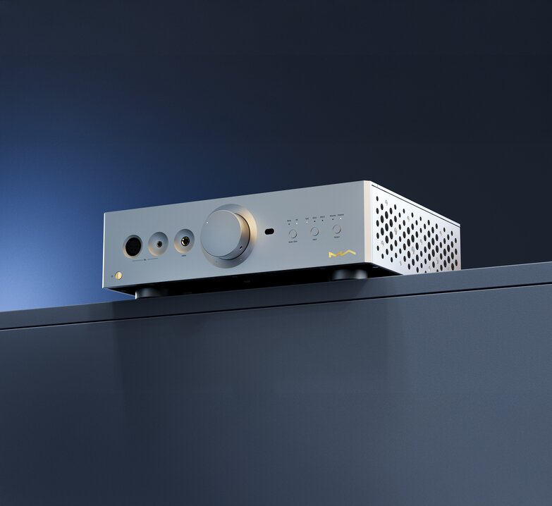 Silver NA-1 Headphone Amplifier angled on the counter