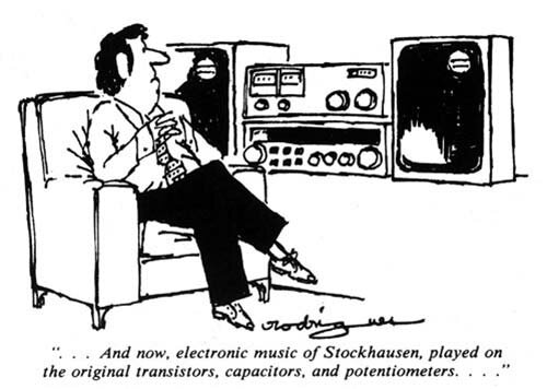 Cartoon sketch of gentleman sitting in chair listening to stereo system 