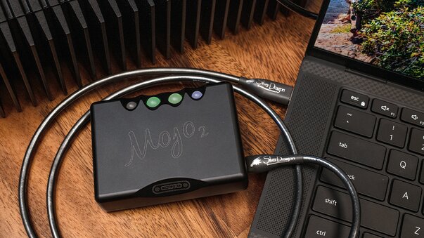 Chord Electronics Mojo 2 connected to a laptop via a Silver Dragon USB Cable