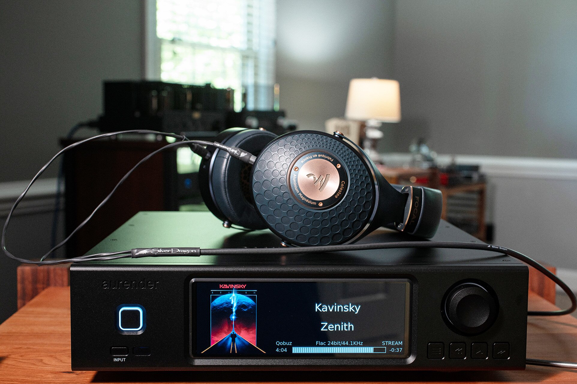 Aurender A200 Music Streamer with Focal Celestee Headphones placed on top of streamer
