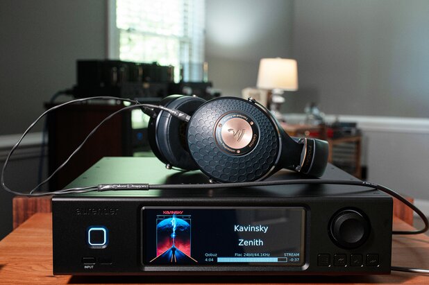 Aurender A200 Music Streamer with Focal Celestee Headphones placed on top of streamer