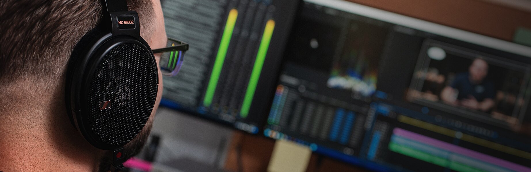 Individual editing a YouTube video while wearing the Sennheiser HD660S2 wired headphones.