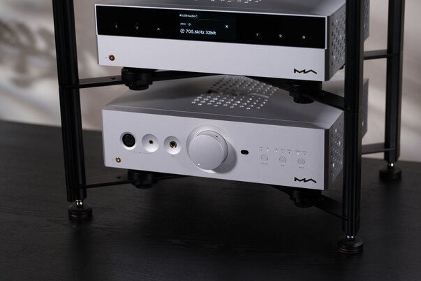 Matrix Audio NT-1 Transport, ND-1 DAC, and NA-1 Headphone Amplifier stacked together on an audio rack 