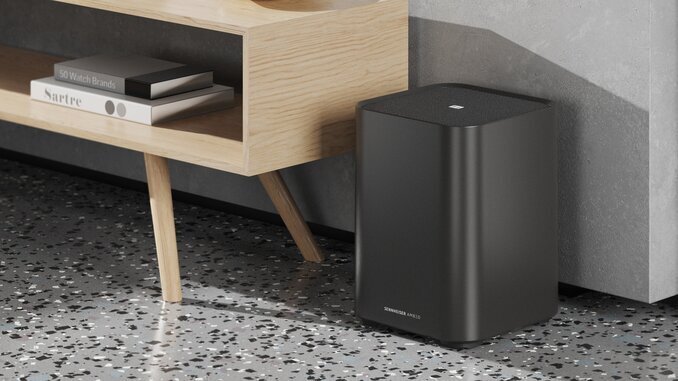 ambeo sub next to bookcase table
