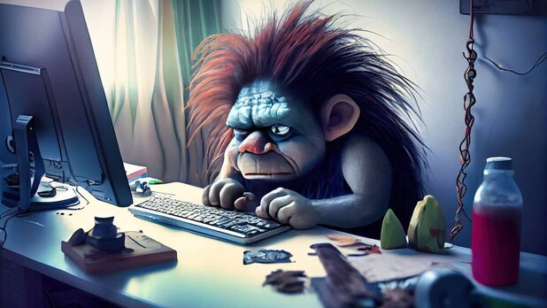 Illustration of troll sitting at computer typing on keyboard