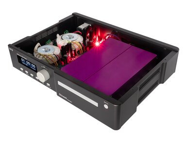 Bricasti M19 SACD/CD Transport with the top panel removed, exposing the internal components