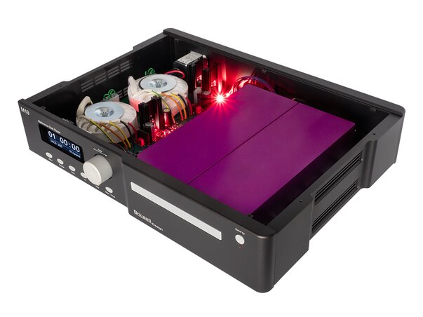 Bricasti M19 SACD/CD Transport with the top panel removed, exposing the internal components