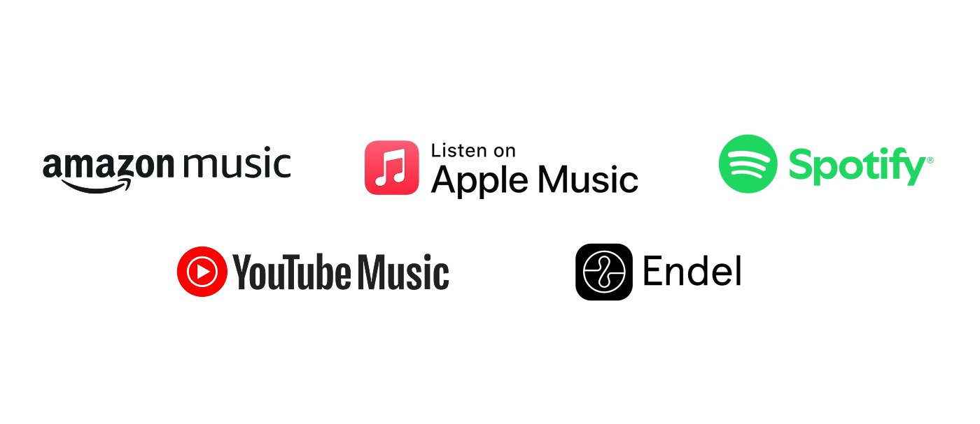music app badges: Apple Music, Amazon Music, Spotify, YouTube Music, Endel