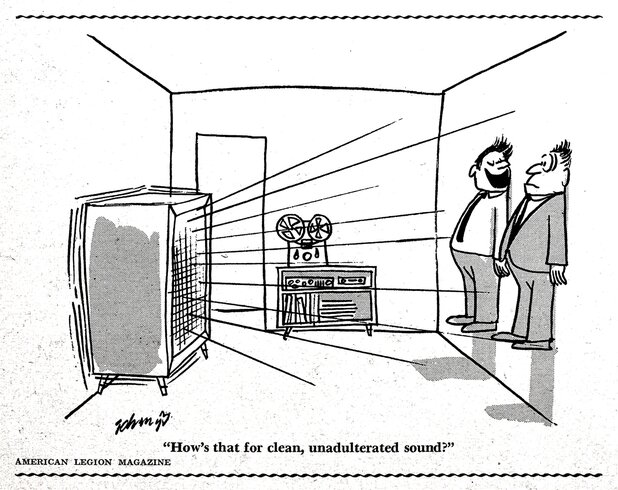 Cartoon sketch of audiophiles listening to stereo