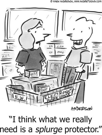 Cartoon sketch of two people talking at a store