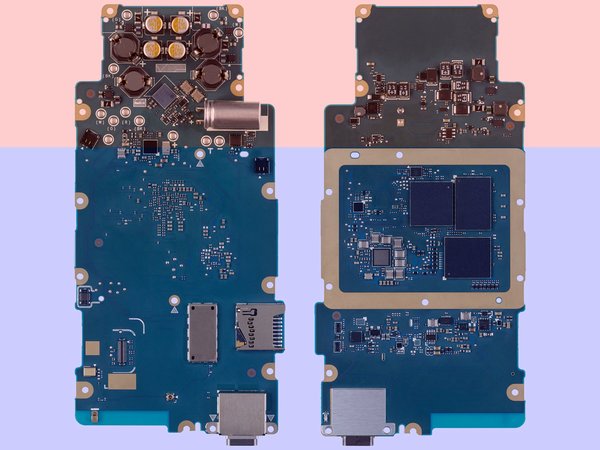 Circuit boards for Walkman Music Player highlighted in blue and red.