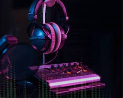 headphone on a stand with music board technology and purple tint