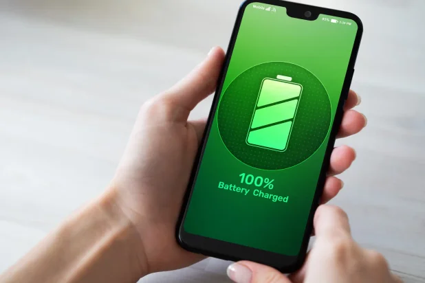 hands holding smartphone with battery 100% displayed on screen 