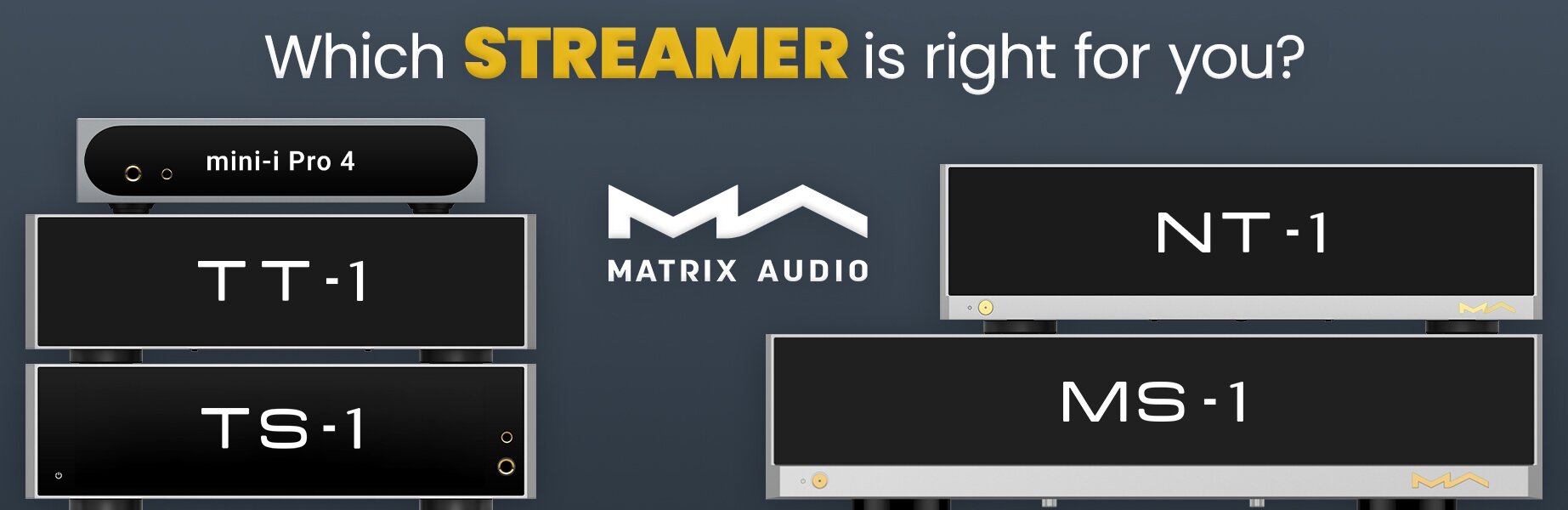 Matrix Audio Mini-i Pro 4, TT-1, TS-1, NT-1 and MS-1 components stacked on top of each other