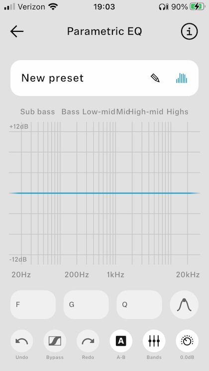 Screenshot of Sennheiser Control Plus App parametric equalizer 