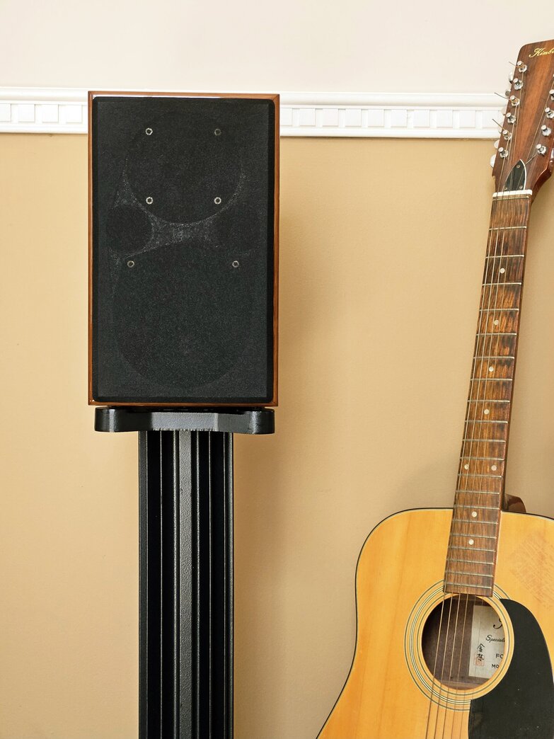 black AE1 Speaker on a stand next to the guitar