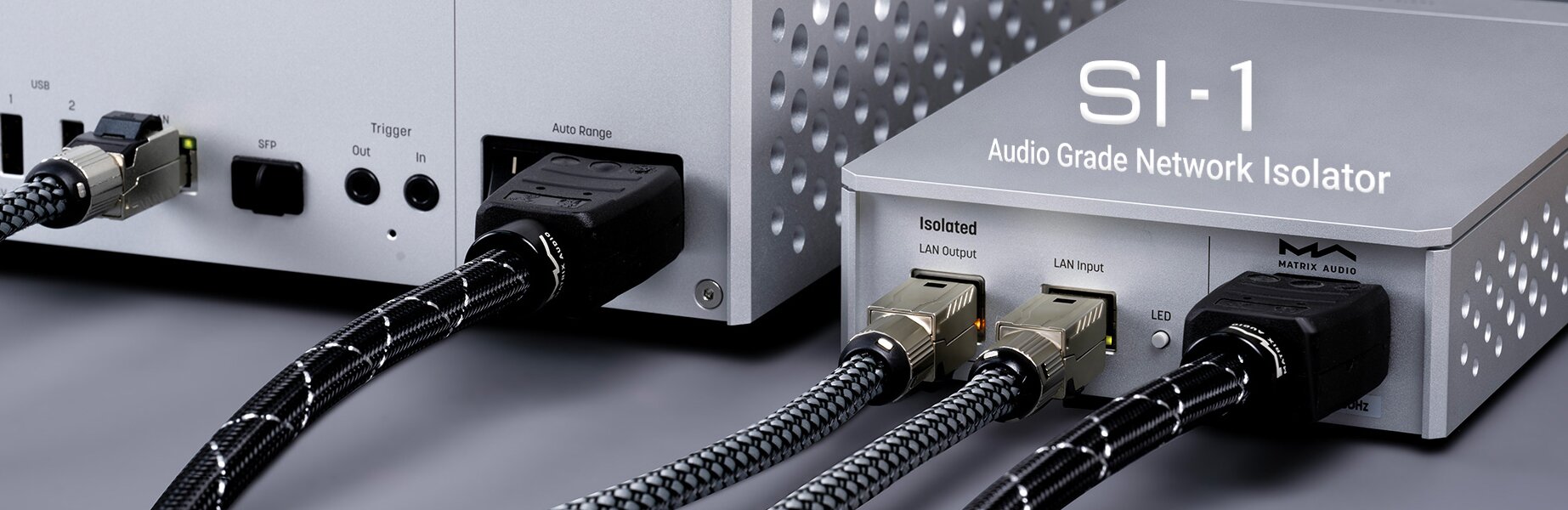 Matrix Audio SI-1 Audio Grade Network Isolator connected to another Matrix Audio product back panel view