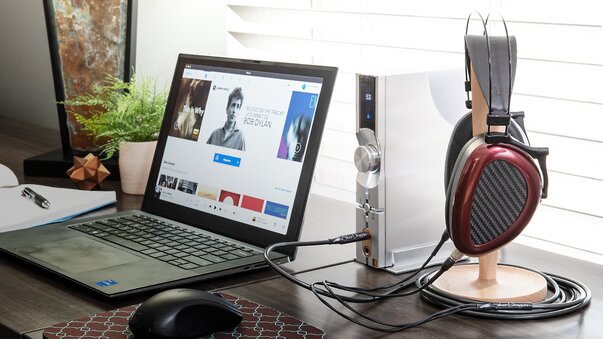 iFi Audio Streamer with Dan Clark Audio Headphones and Laptop on table