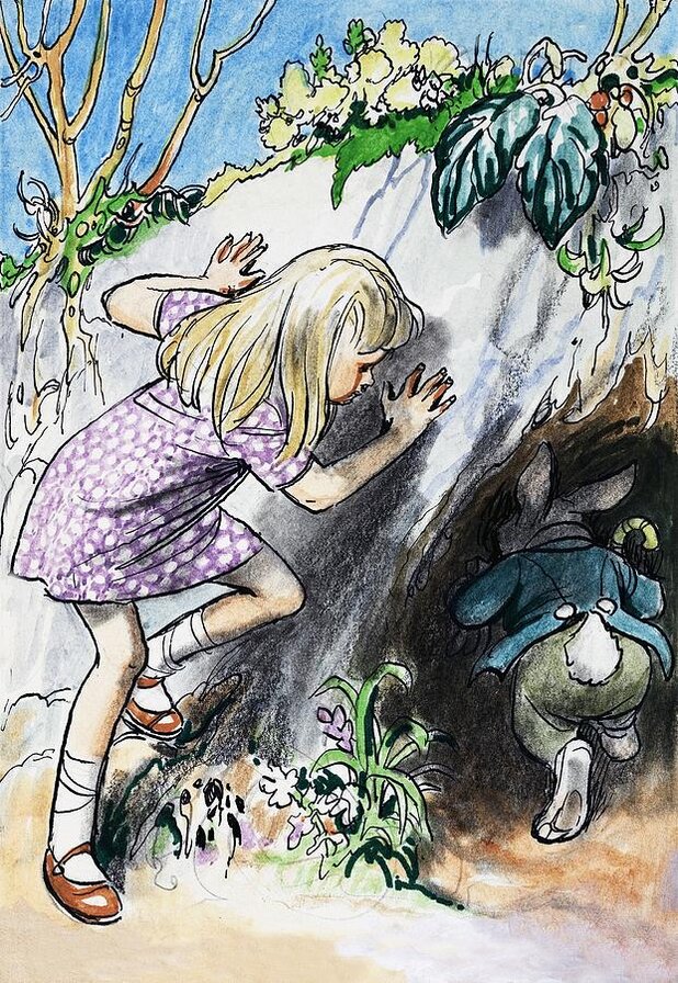 Illustration of alice chasing the white rabbit into a hole