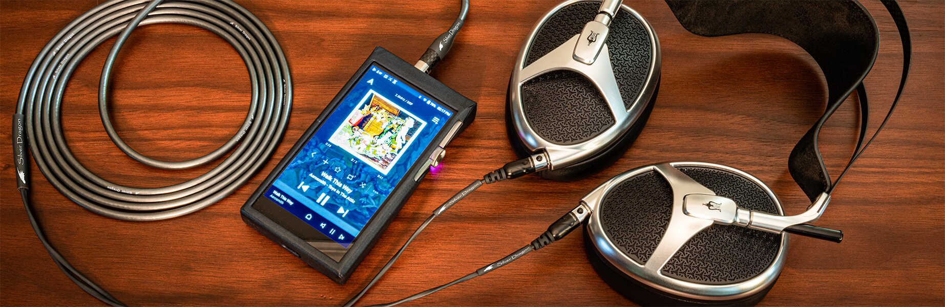 Meze Audio Elite Headphones connected to an Astell&Kern DAP using a Moon Audio Silver Dragon Headphone Cable