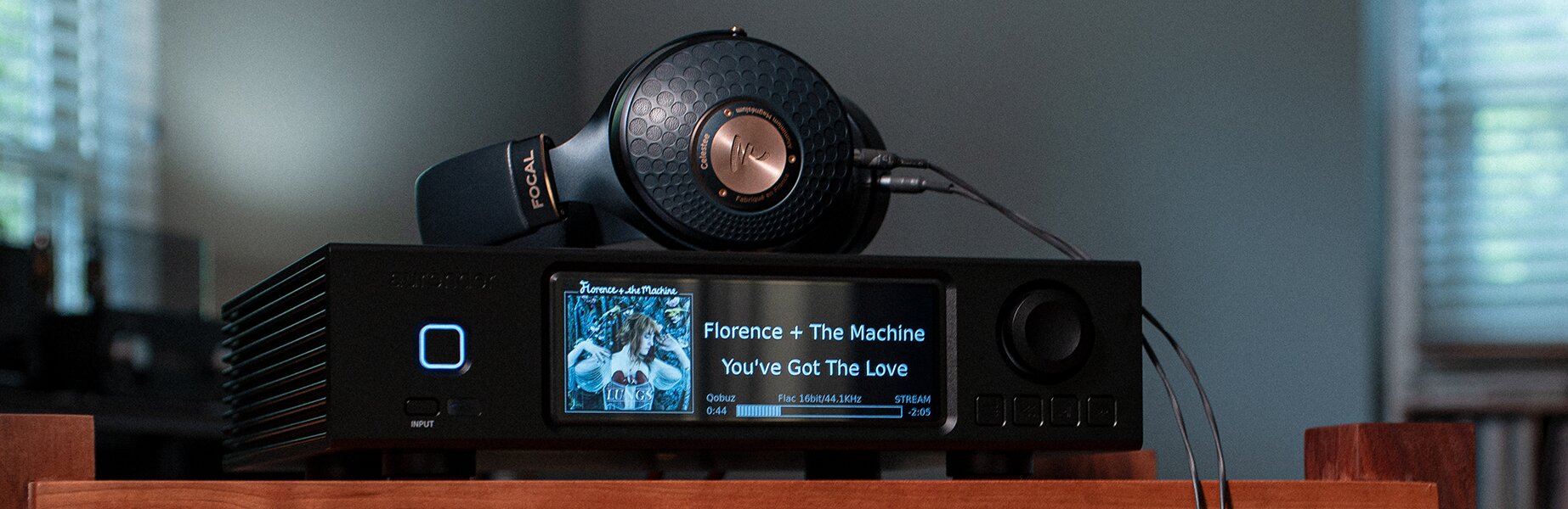 Aurender A200 Music Streamer with Focal Celestee Headphones placed on top of unit