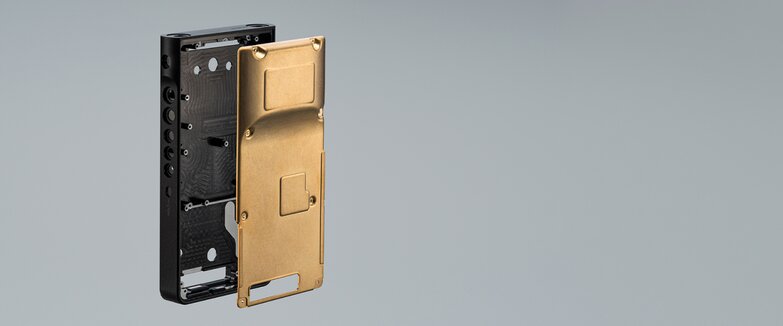 Aluminum milled main chassis and OFC rear chassis split apart for view