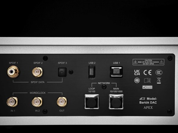 Bartok APEX DAC Amplifier back panel by dCS on a black background