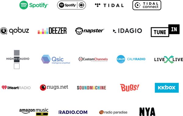 Logos of streaming services that work well with the Pulse Mini 2i, including Spotify, Qobuz, Napster, Tidal, Deezer, and more.