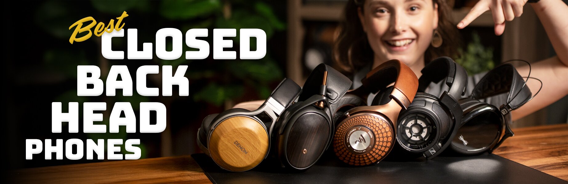 best closed-back headphones woman next to five headphones