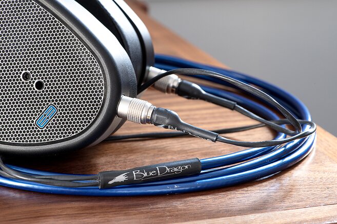 Moon Audio Blue Dragon Premium Headphone Cable plugged into the Dan Clark Audio E3 Headphones