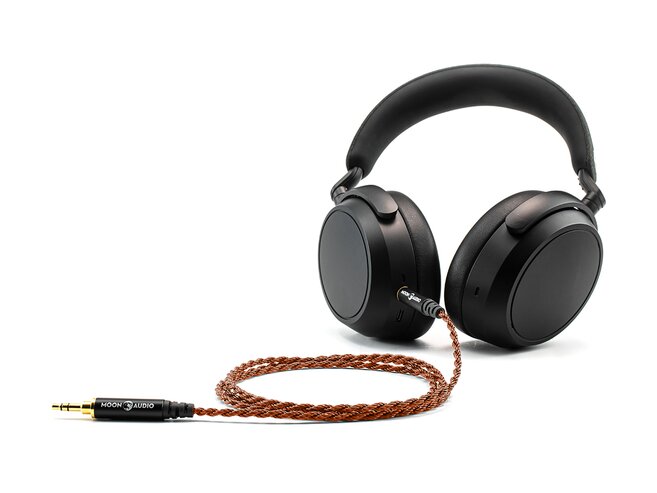 Moon Audio Blue Dragon Premium Headphone Cable plugged into the Dan Clark Audio E3 Headphones