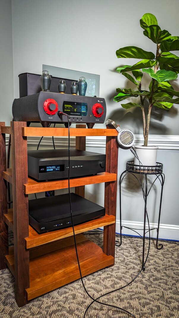 HiFiMan SUSVARA Unveiled Headphones connected to the Auris Audio Headonia 300B Tube Headphone Amplifier via a headphone cable