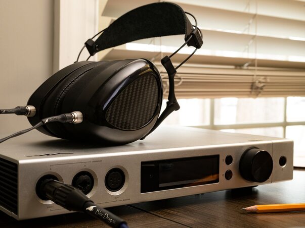 Dan Clark Audio Noire X Headphones with matrix audio component connected via a dragon audio cable