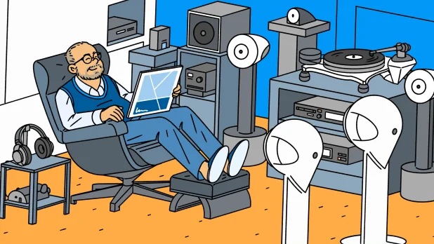 illustration of man sitting in chair surrounded by audio equipment 