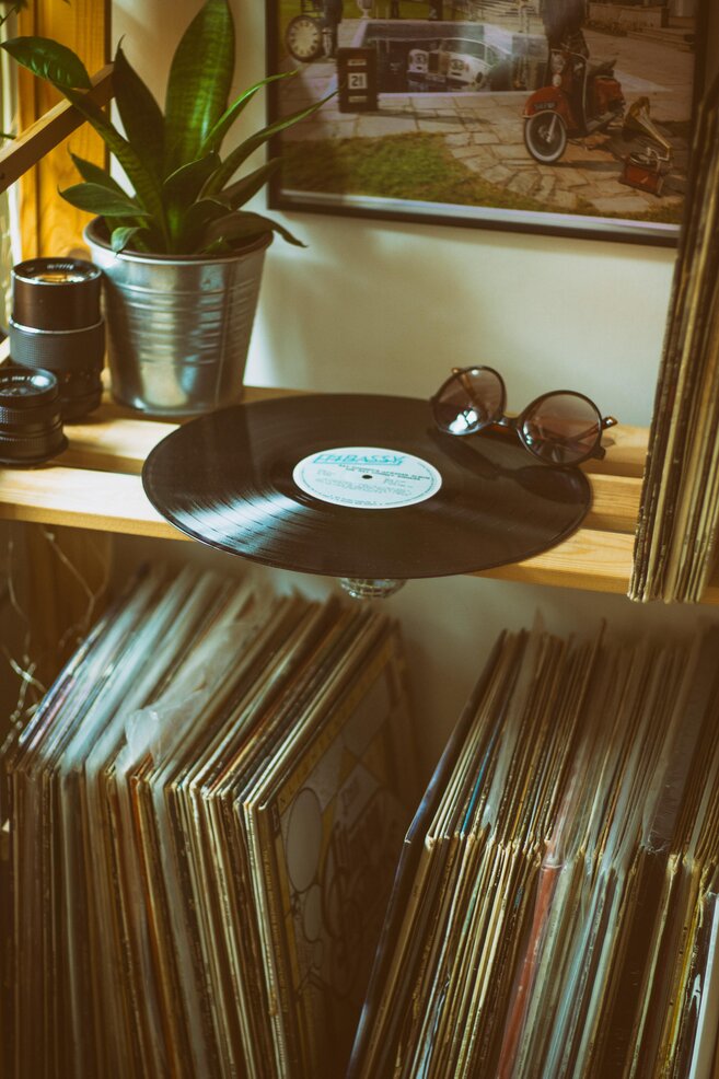 vinyl record and albums on a shelf