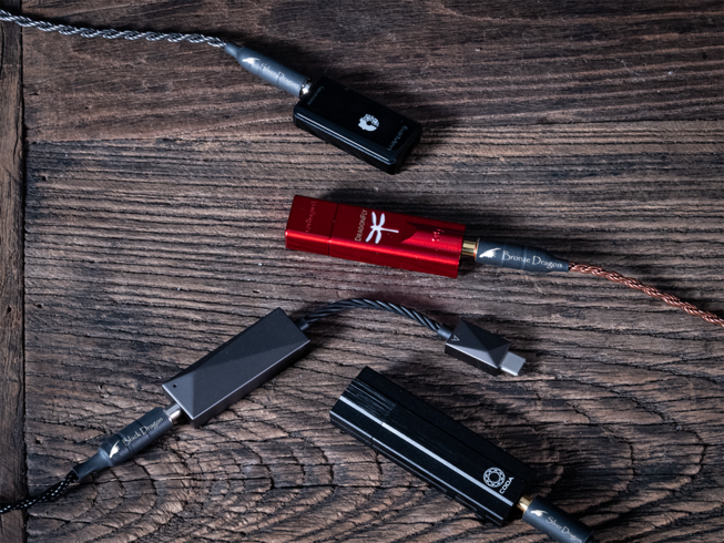 Various portable dongle DACs connected to Dragon Audio Cables