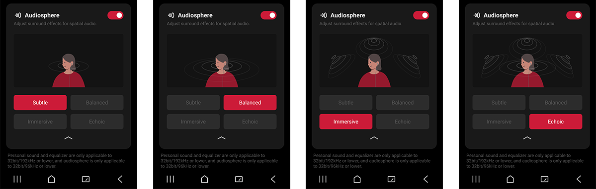 Audiodo Audiosphere Four presets: subtle, balanced, immersive, and echoic on device.
