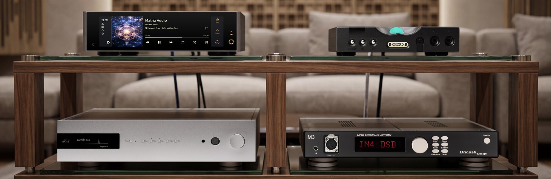 amp/dacs on bookcase with plant on side
