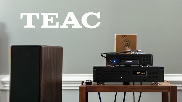 TEAC logo with two teac products, a speaker, an audio cable, and a cd album together