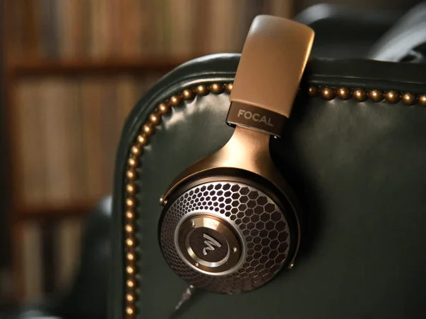 Focal Clear MG Headphones positioned on back of chair