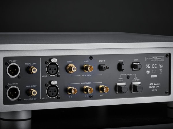 Bartok APEX DAC Amplifier, back panel by dCS on a black background